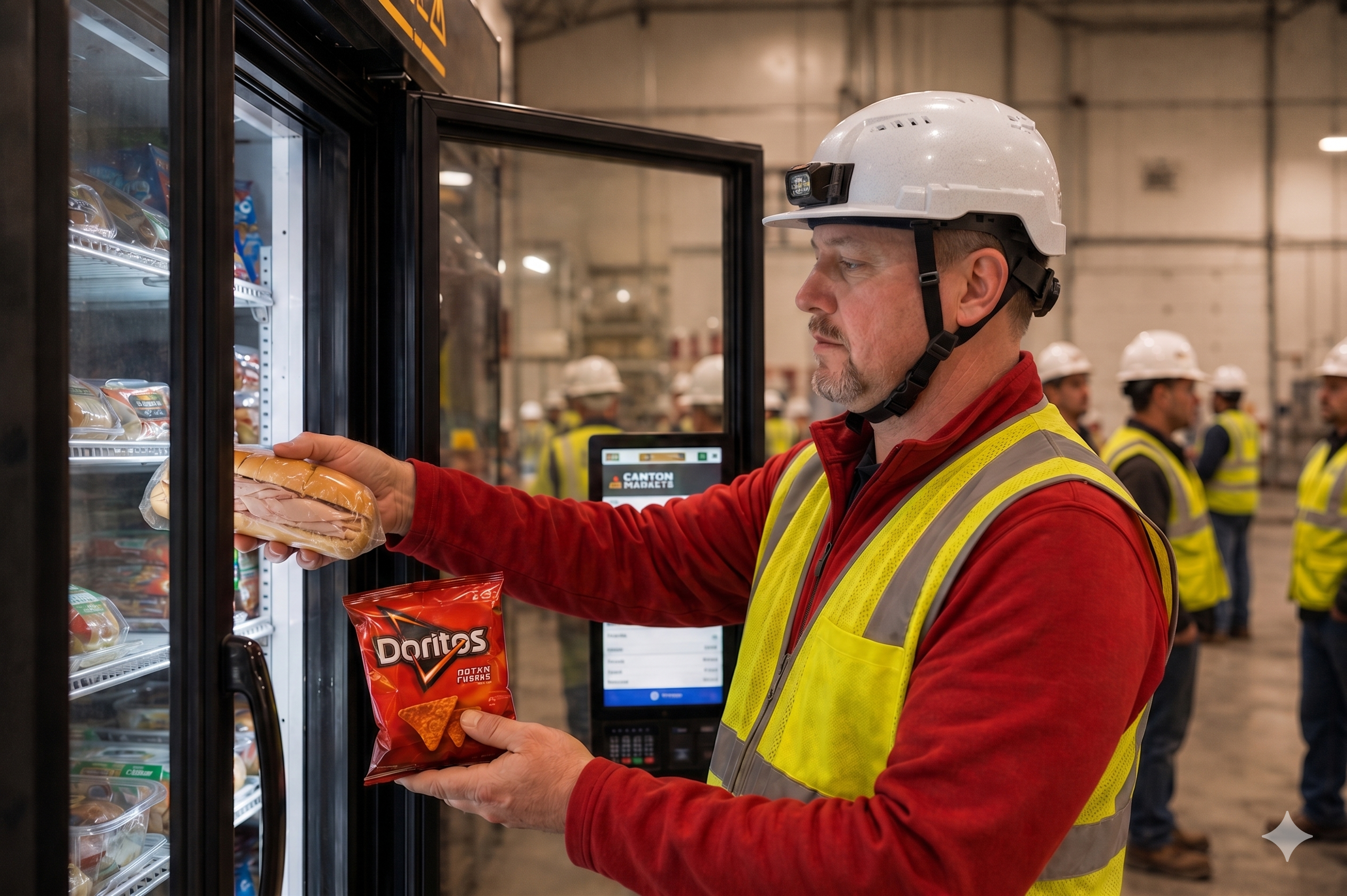 Construction crew member grabbing food at a Canyon Markets micro-market kiosk on an active data center build site